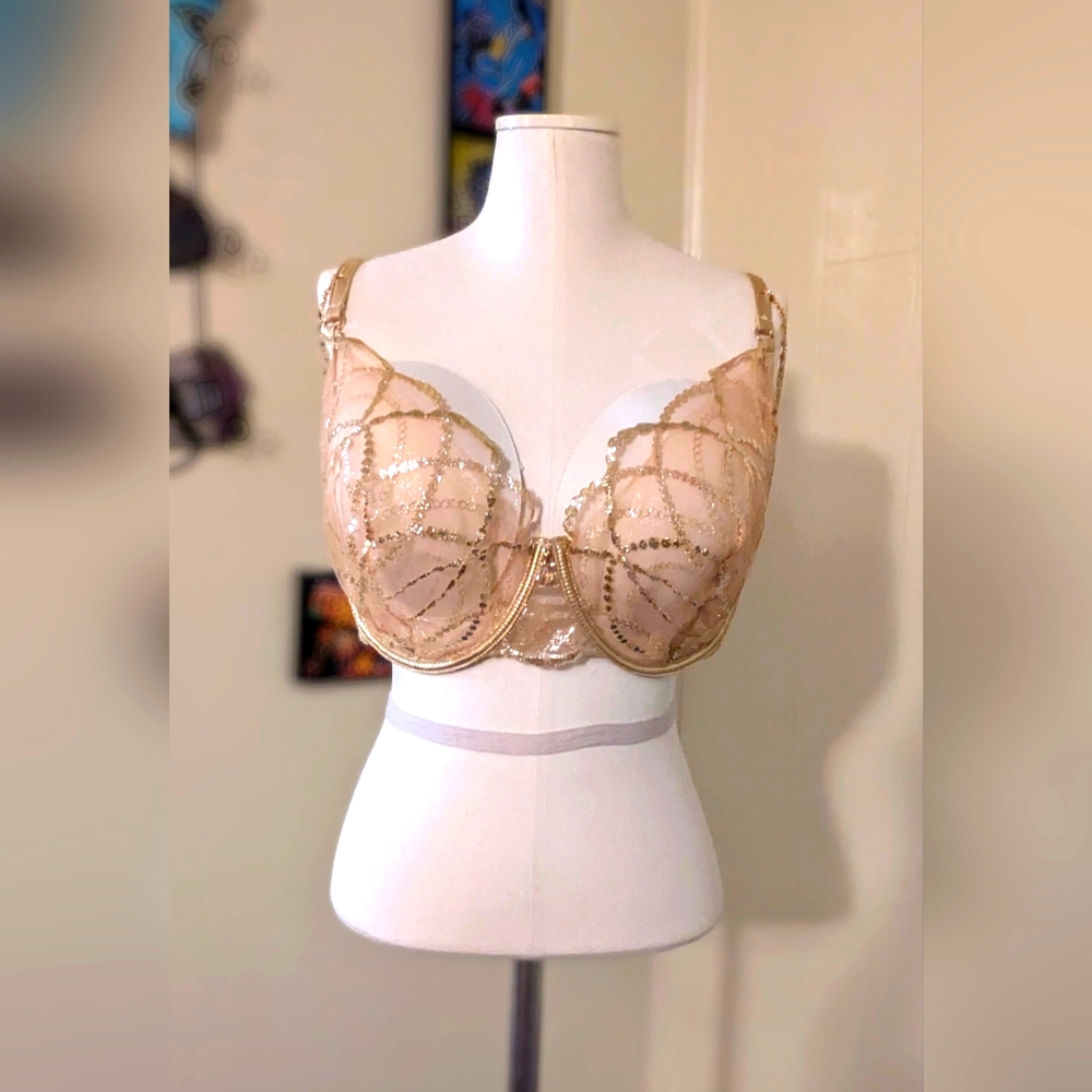 NWOT Honey Birdette Goldy sparkly sequin & sheer lace w/chain detail 38H